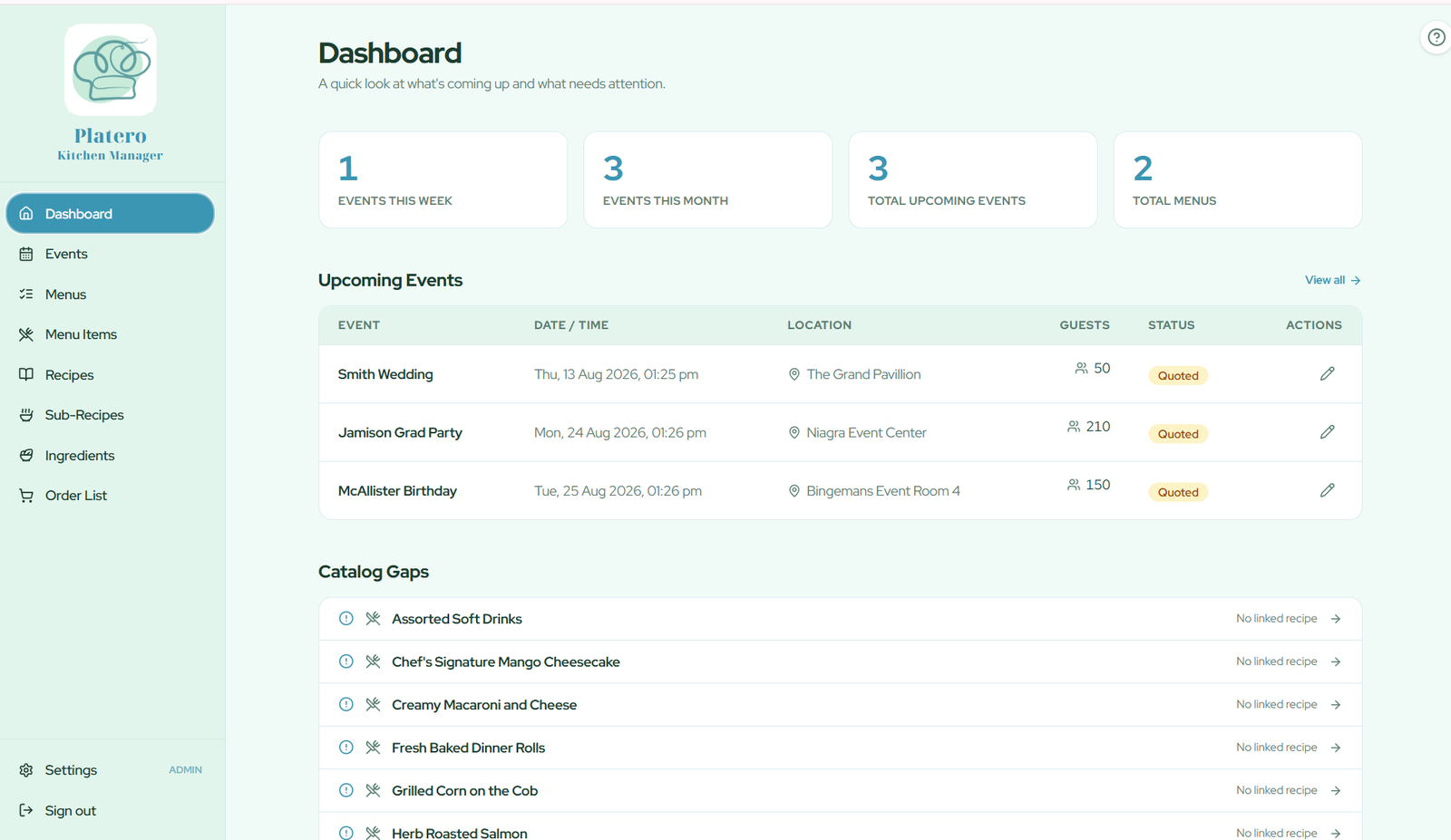 Platero dashboard showing upcoming catering events and catalog gaps